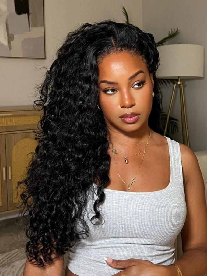 UNice 7x5 Bye-Bye Slip™ Water Wave Wig showcasing natural black hair with beautiful water wave texture